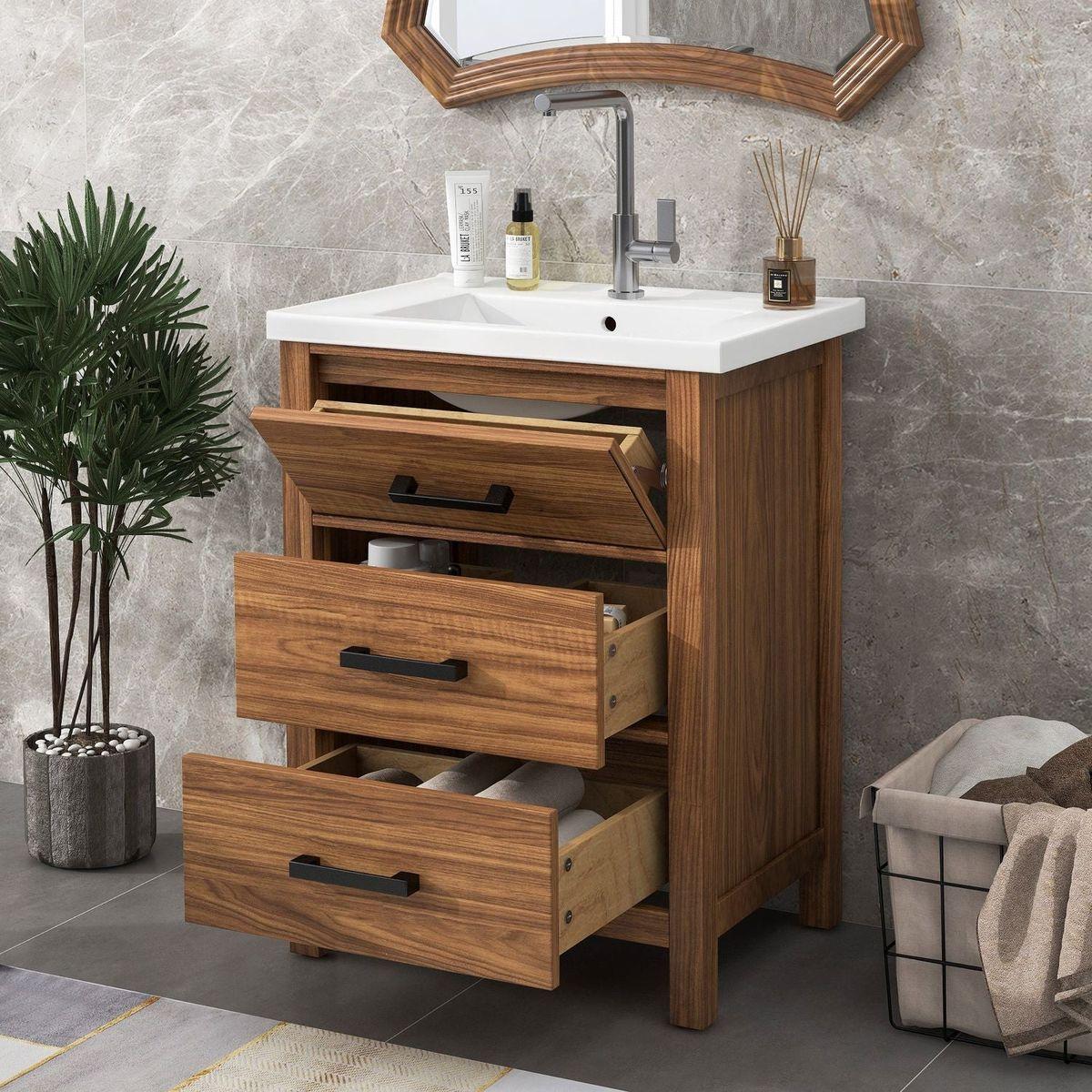 24" Bathroom Vanity with Ceramic Basin Sink, Modern Bathroom Storage Cabinet with 3 Drawers, Freestanding Bathroom Vanity Cabinet with Single Sink