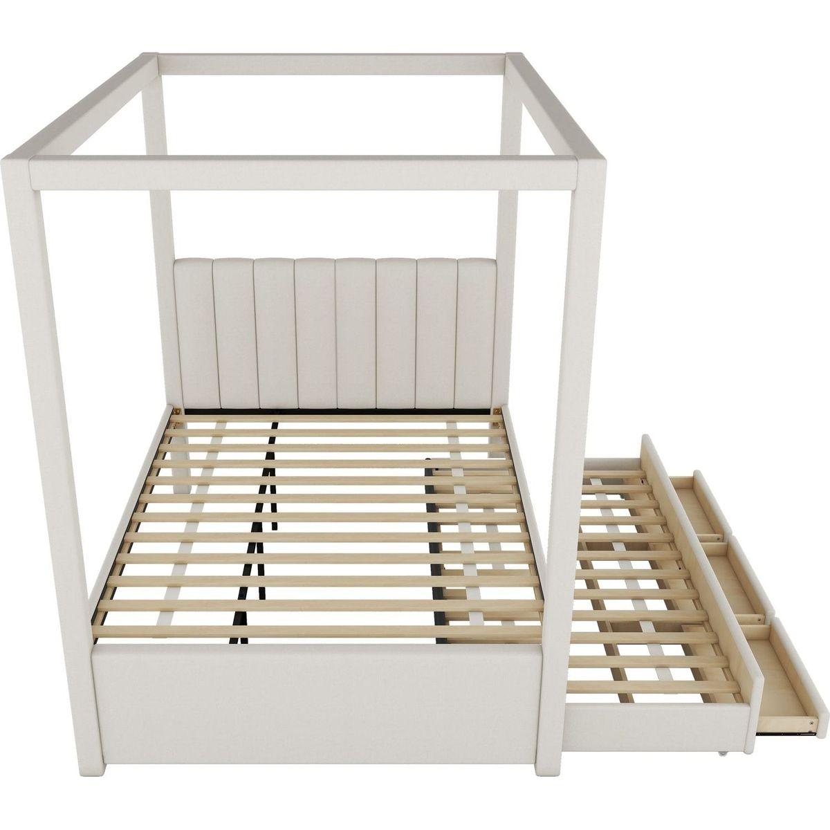 Full Size Upholstery Canopy Platform Bed with Trundle and Three Storage Drawers, Beige - Streamdale Furniture