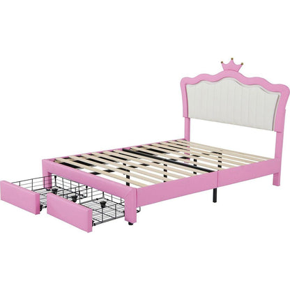 Full Size Upholstered Bed Frame with LED Lights, Modern Upholstered Princess Bed with Crown Headboard, 2 Drawers, Pink+White