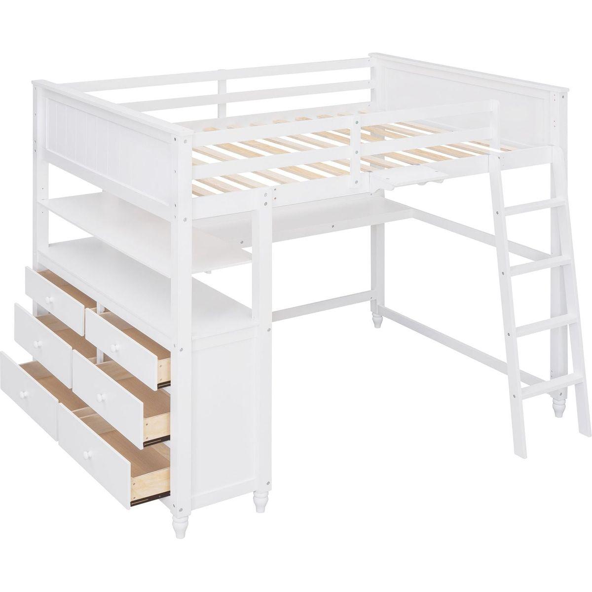 Full size Loft Bed with Drawers and Desk, Wooden Loft Bed with Shelves - White