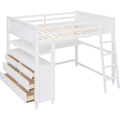 Full size Loft Bed with Drawers and Desk, Wooden Loft Bed with Shelves - White