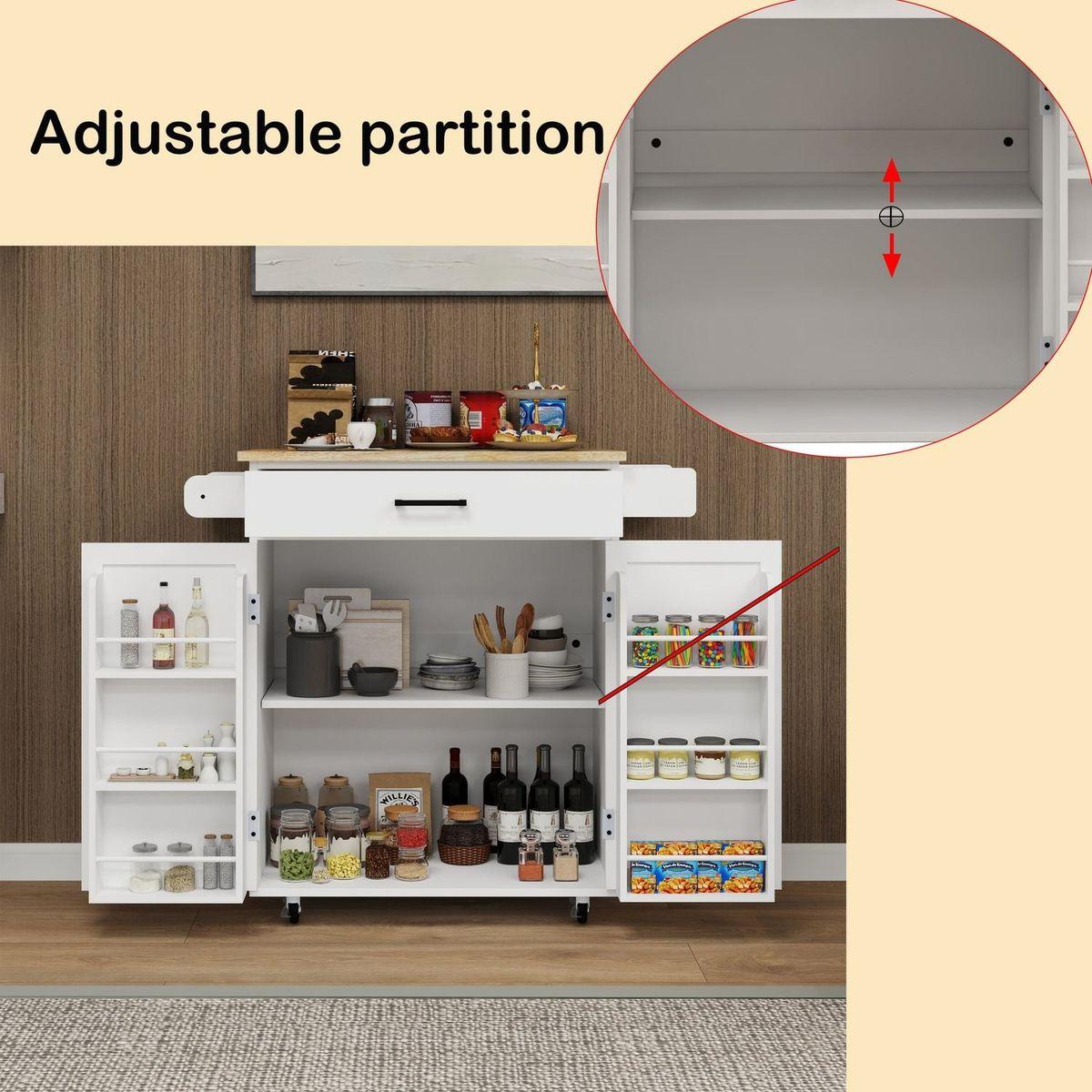 Kitchen island rolling trolley cart with 1 drawer & 2 doors with storage racks & Adjustable Shelves & towel rack & seasoning rack rubber wood table top-White - Streamdale Furniture