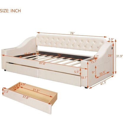 Twin Size Upholstered Daybed with Storage Armrests and USB Port, Beige