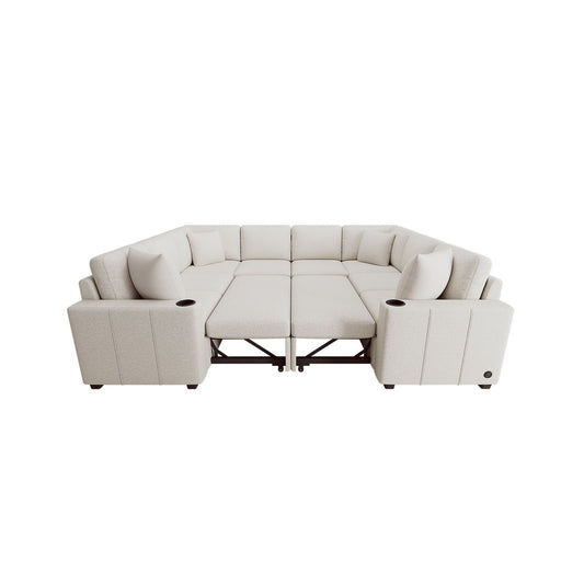 Convertible U-Shaped Sectional Sofa with Pull-Out Bed and USB Ports, Beige Chenille, 108.7 Inches