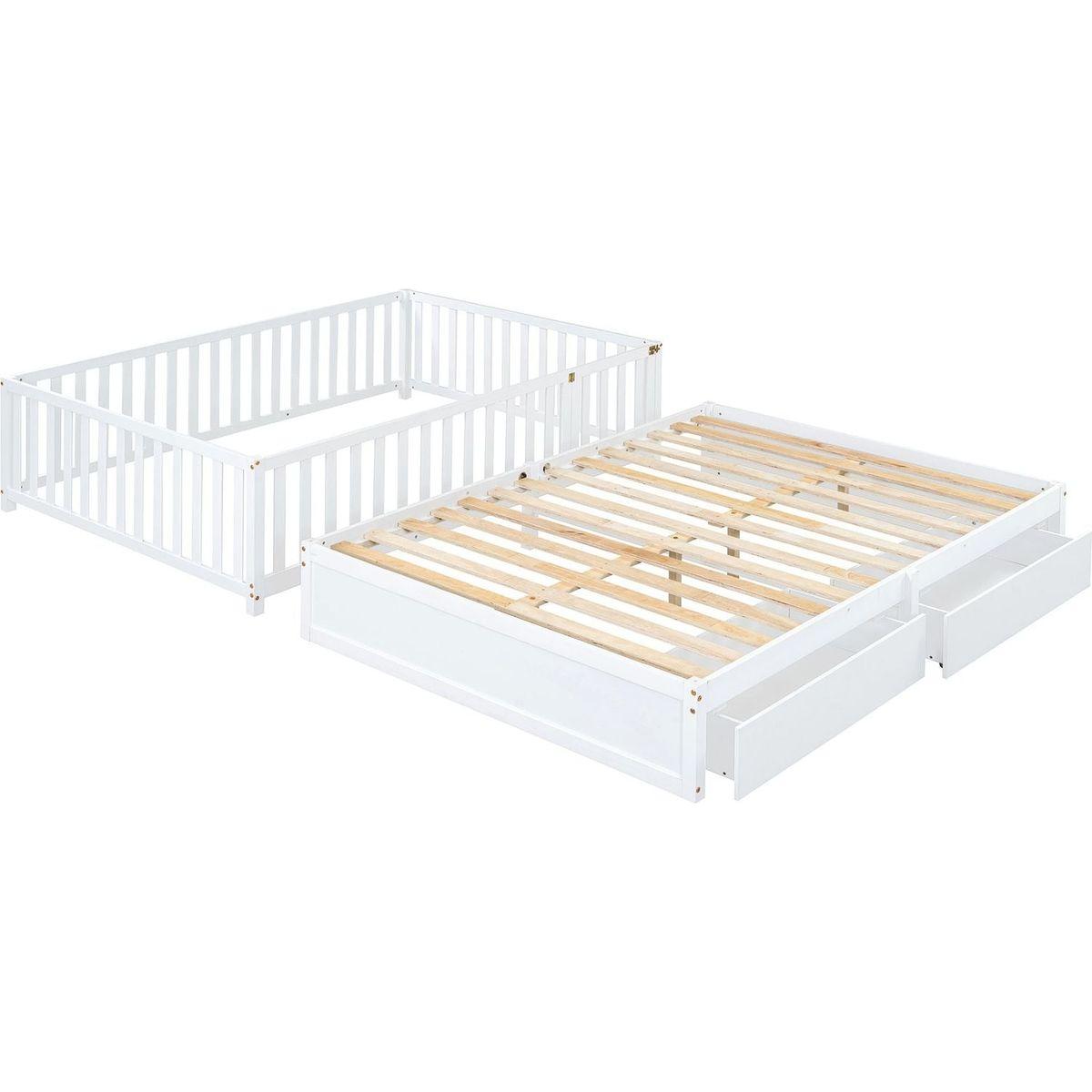 Full Size Wood Daybed with Fence Guardrails and 2 Drawers, Split into Independent Floor Bed & Daybed, White
