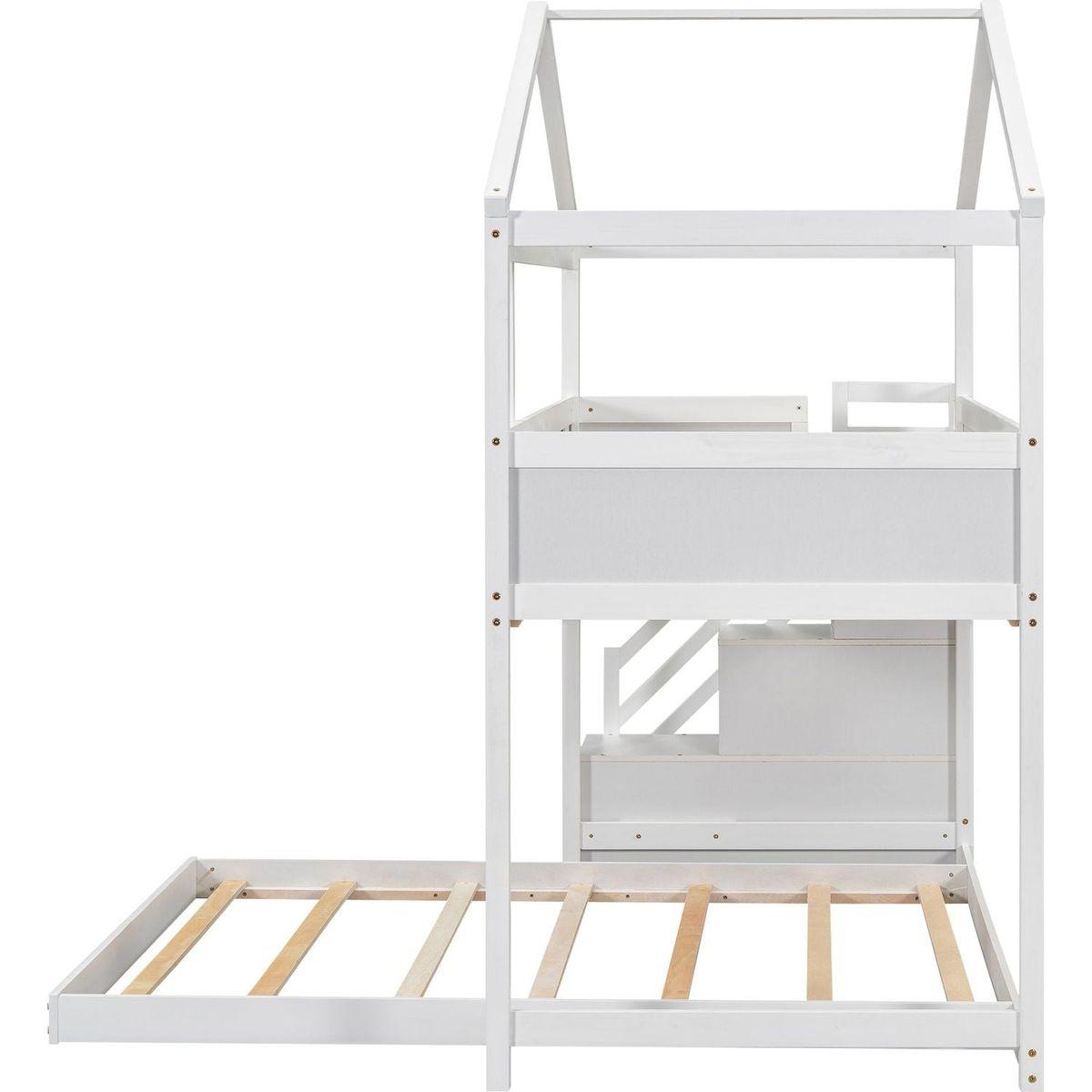 Twin over Full House Bunk Bed with Storage Staircase and Blackboard,White
