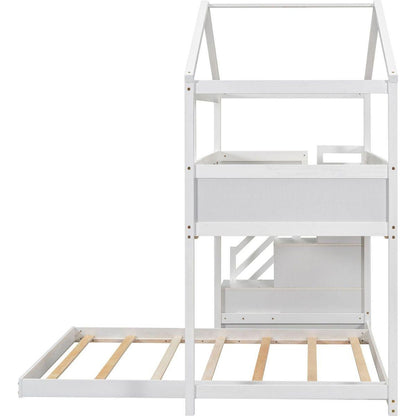 Twin over Full House Bunk Bed with Storage Staircase and Blackboard,White