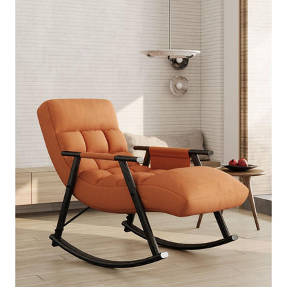 Casual folding rocking chair upholstered, lounge rocking chair adjustable high back and foot rest,side pockets placed in living room bedroom balcony