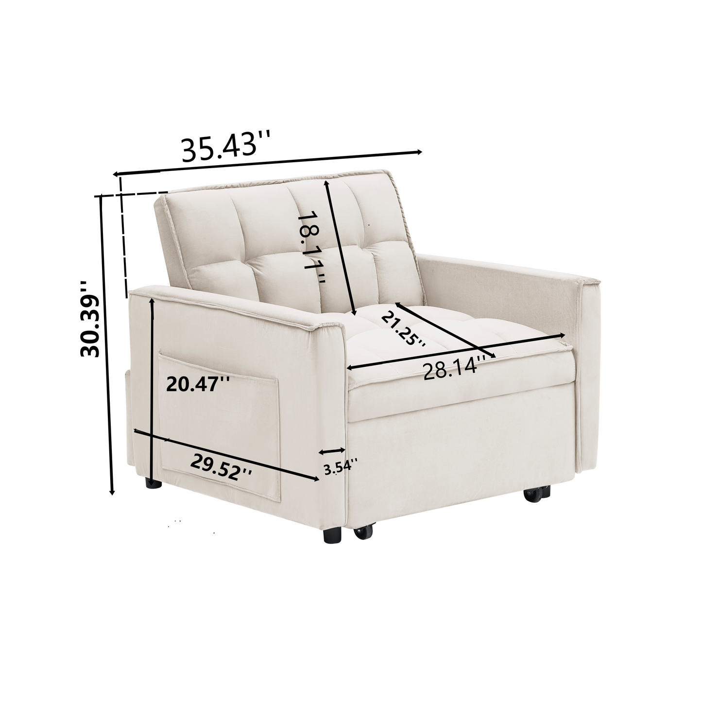 Sofa bed chair 3 in 1 convertible, recliner, single recliner, suitable for small Spaces with adjustable back black creamy white