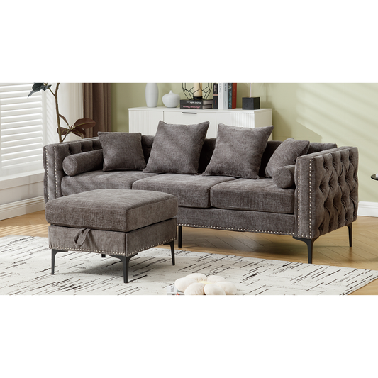 L Shaped Sectional Sofa, Convertible Storage Ottoman,Chenille, Square Arm, Modern Tufted Couch, 3 Seater, And Nailhead, Dark gray