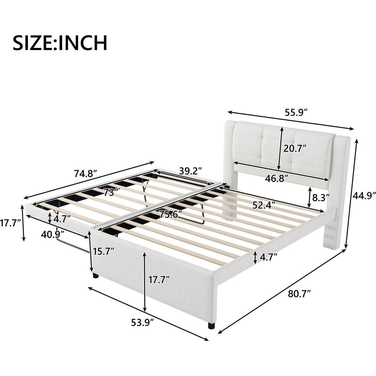 Full Size Upholstery platform bed with Trundle,Trundle can be flat or erected, Beige
