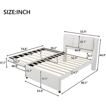 Full Size Upholstery platform bed with Trundle,Trundle can be flat or erected, Beige
