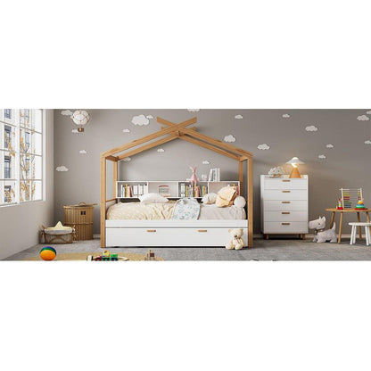 White Twin Size Wooden House Bed with Original Wood Colored Frame Twin Size Trundle and Bookshelf Storage Space for Children or Guest Room