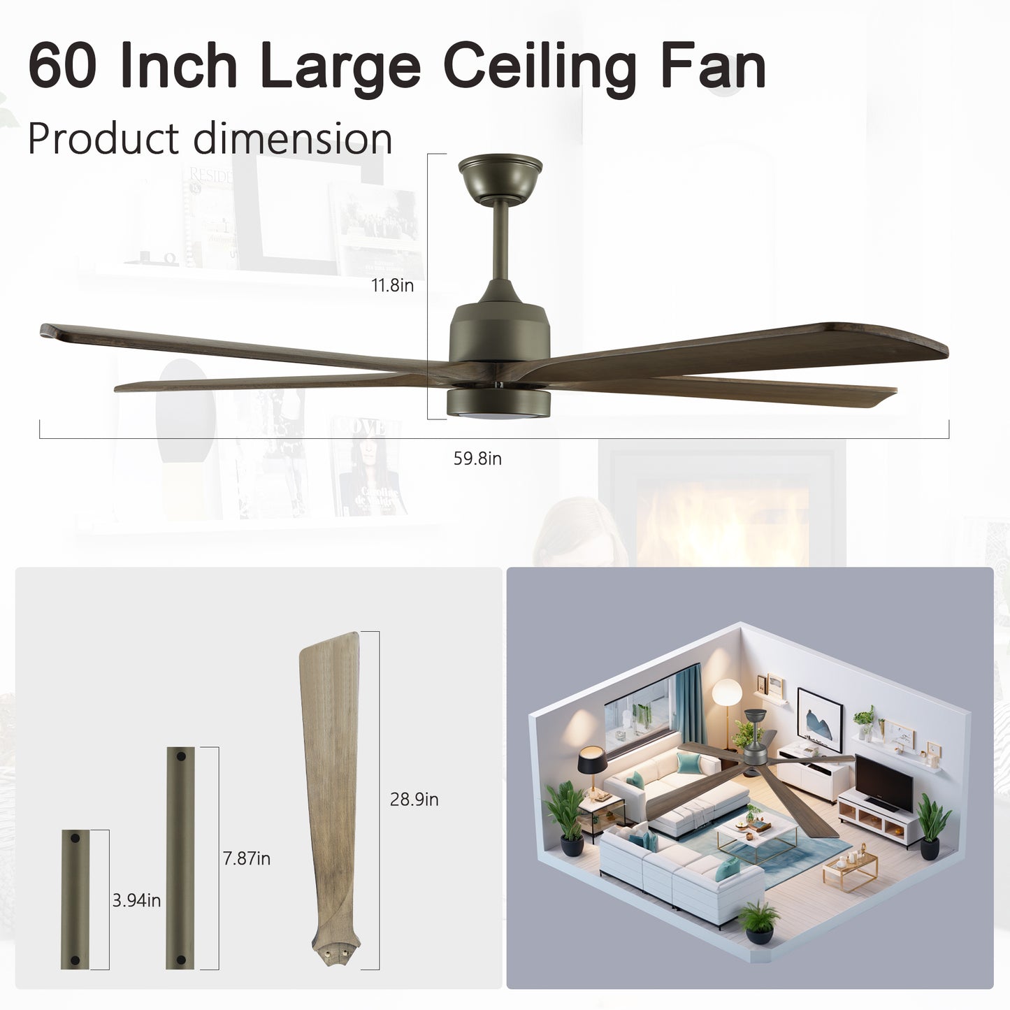 60" Modern Wood Ceiling Fan with Light and Remote Control,6-Speed Noiseless Reversible DC Motor, Ceiling Fan for Kitchen Dining Living Room