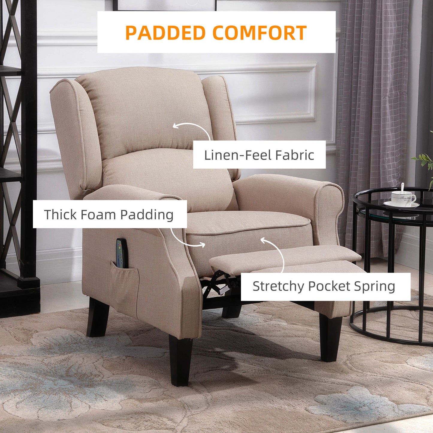 Massage Recliner Sofa with Heat Function, Remote Control, Beige