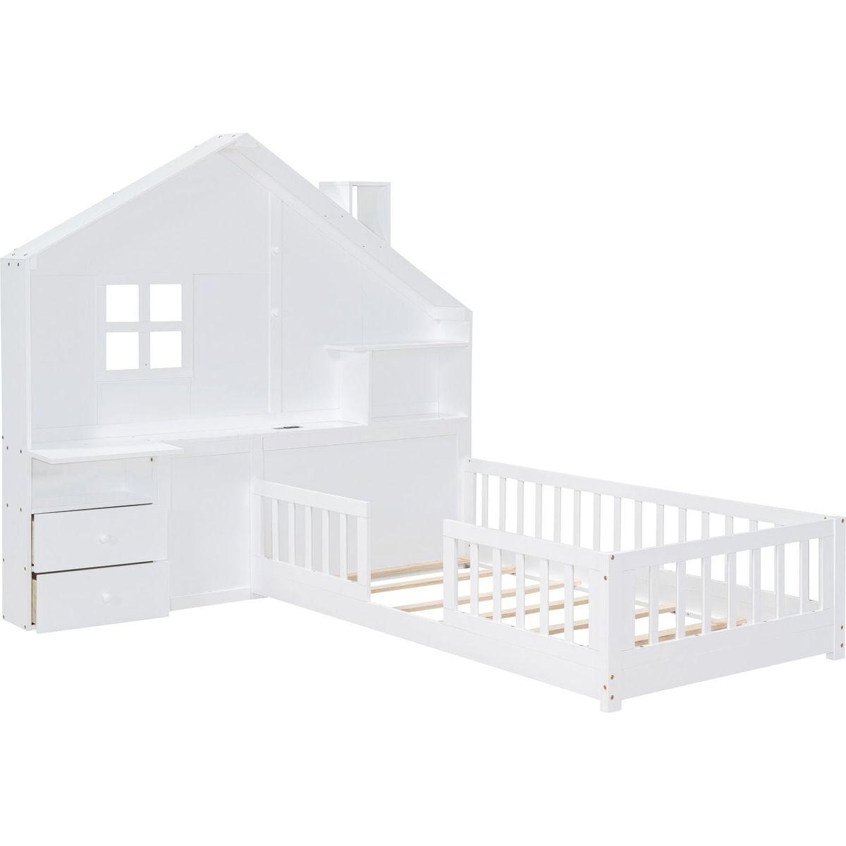 Twin Size House Bed with Window and Bedside Drawers, Platform Bed with Shelves and a set of Sockets and USB Port, White
