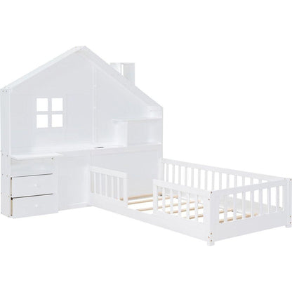 Twin Size House Bed with Window and Bedside Drawers, Platform Bed with Shelves and a set of Sockets and USB Port, White