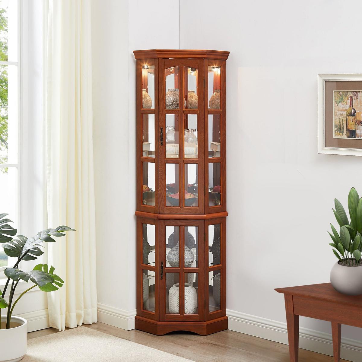 Corner Curio Cabinet with 5 Shelves and Lighting System, Oak