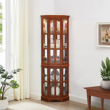 Corner Curio Cabinet with 5 Shelves and Lighting System, Oak
