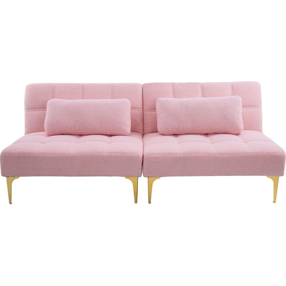 71" Convertible sofa bed futon with gold metal legs teddy fabric (Pink)
