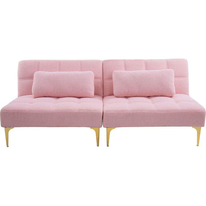 71" Convertible sofa bed futon with gold metal legs teddy fabric (Pink)
