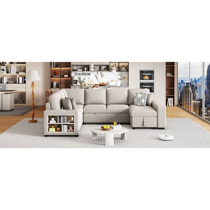 109" U-shaped Sectional Sofa Pull-out Sofa Bed with Two USB Ports, a Storage Chaise Lounge and Four Back Pillows for Living Room, Beige