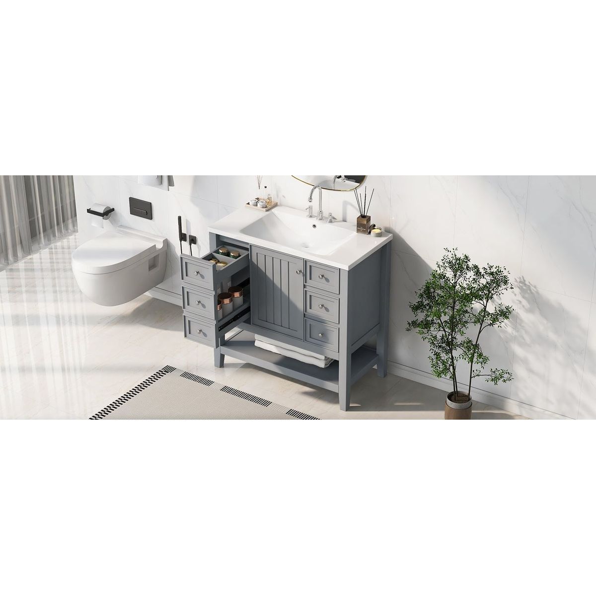 36" Bathroom Vanity with Sink Combo, One Cabinet and Three Drawers, Solid Wood and MDF Board, Grey