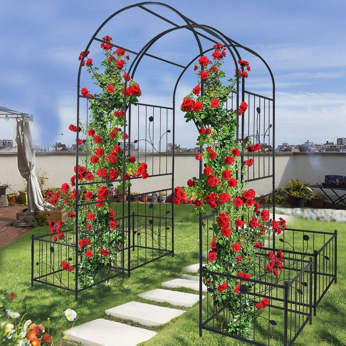Metal Garden Arch with two plant stands 79.5" Wide x 86.6" High Climbing Plants Support Rose Arch Outdoor Black