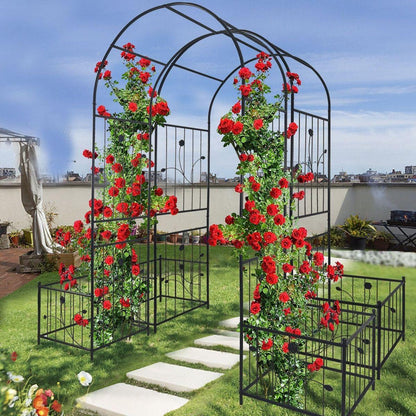 Metal Garden Arch with two plant stands 79.5" Wide x 86.6" High Climbing Plants Support Rose Arch Outdoor Black