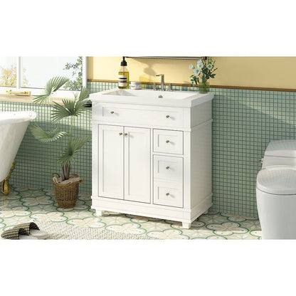 30" Bathroom Vanity Cabinet with Sink Combo Set, Undermount Resin Sink, Free Standing Vanity Set with 2 Drawers& Soft Closing Doors, Solid Wood Frame Bathroom Cabinet, White