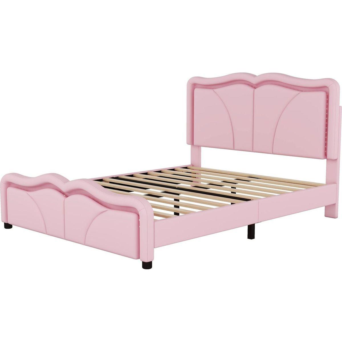 Full Size Upholstered Platform Bed with Curve Shaped and Height-adjustbale Headboard,LED Light Strips,Pink