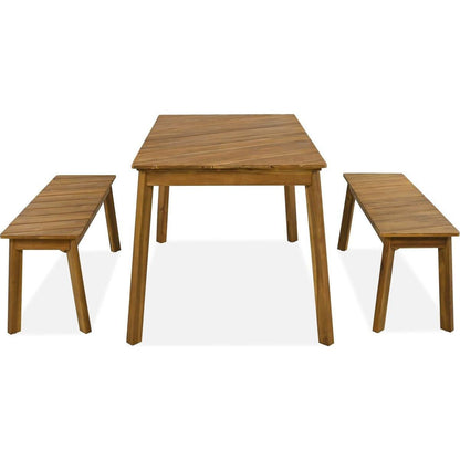 GO 3 Pieces Acacia Wood Table Bench Dining Set For Outdoor & Indoor Furniture With 2 Benches, Picnic Beer Table for Patio, Porch, Garden, Poolside, Natural