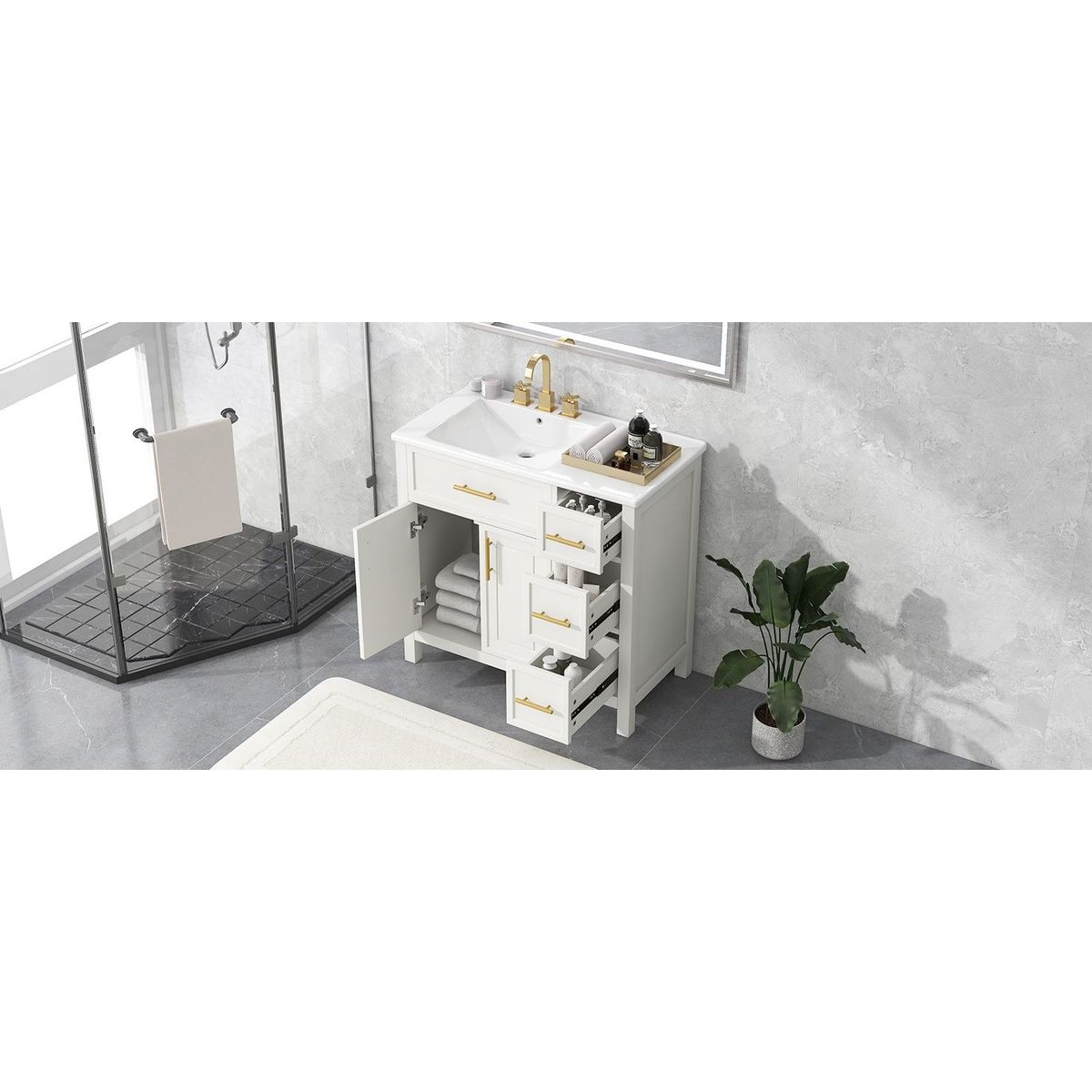 36" Bathroom Vanity with Sink Top, Bathroom Vanity Cabinet with Two Doors and Three Drawers, Solid Wood, MDF Boards, One Package, Off White