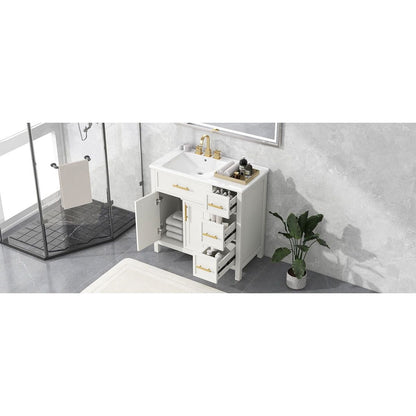 36" Bathroom Vanity with Sink Top, Bathroom Vanity Cabinet with Two Doors and Three Drawers, Solid Wood, MDF Boards, One Package, Off White