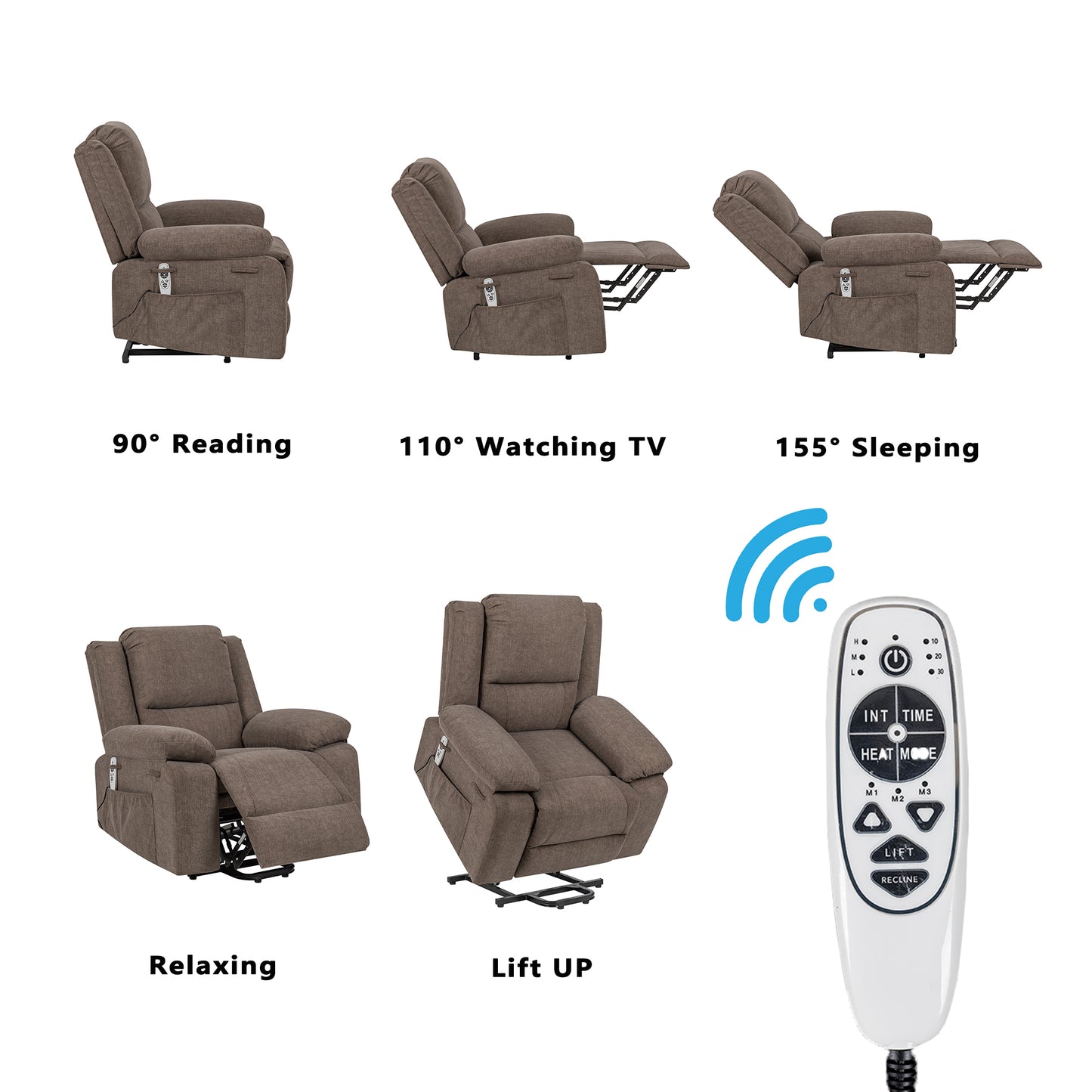 Electric Power Recliner Chair With Massage For Elderly, Remote Control Multi-function Lifting, Timing, Cushion Heating Chair With Side Pocket Brown