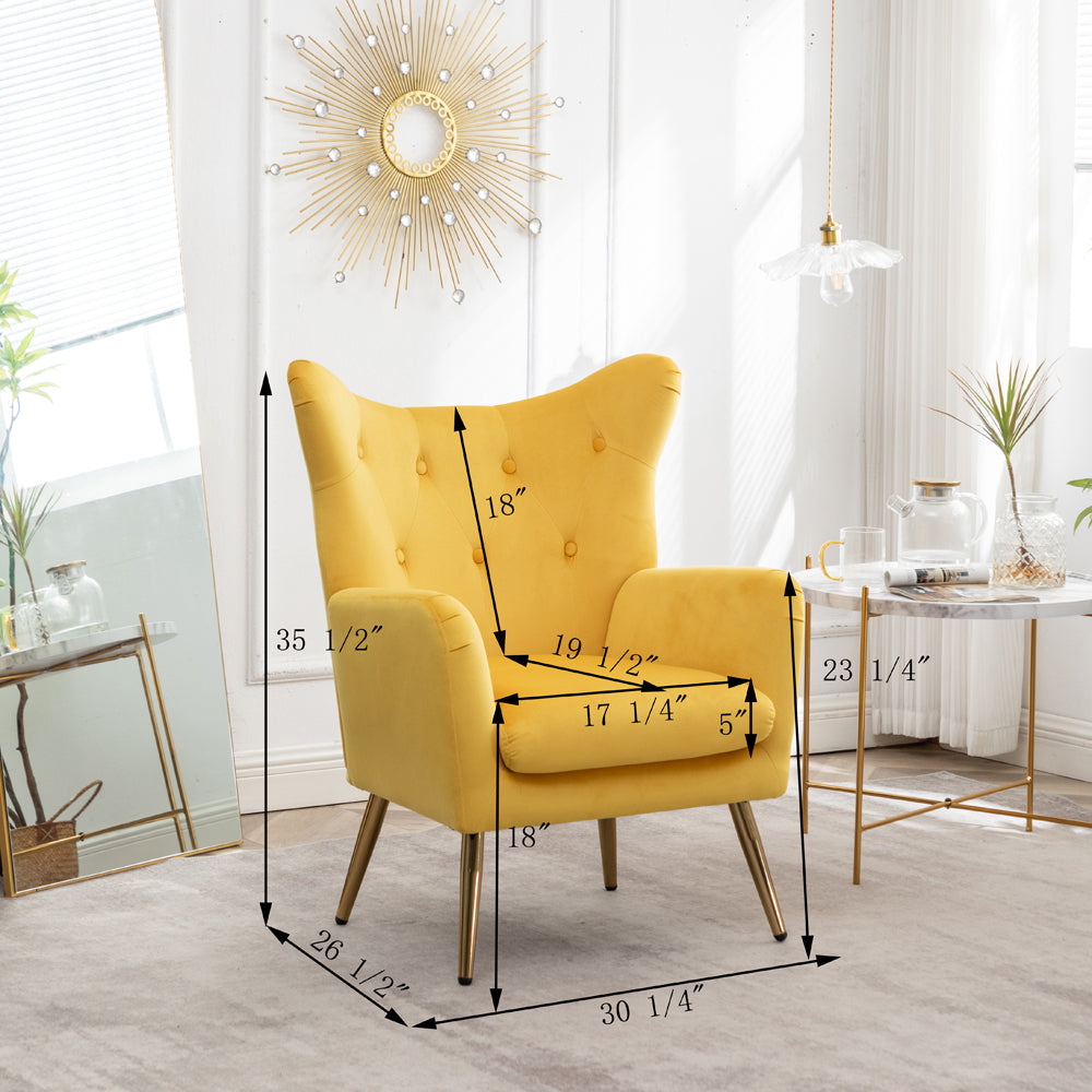 Sovarol Velvet Button-Tufted Wing Back Accent Chair, Yellow
