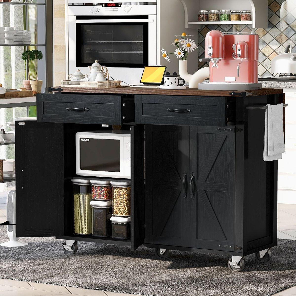 53.5"Farmhouse Kitchen Island with Power Outlet, Kitchen Storage Island with Drop Leaf, Spice Rack and Drawer, Rolling Kitchen Cart on Wheels, for Home, Kitchen and Dining Room, Black