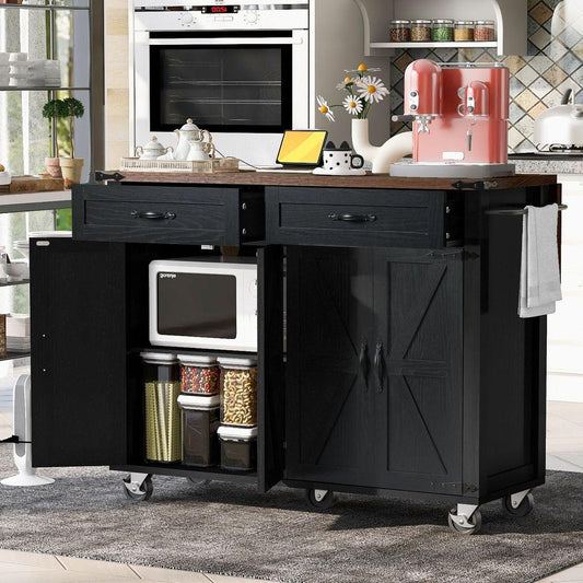 53.5"Farmhouse Kitchen Island with Power Outlet, Kitchen Storage Island with Drop Leaf, Spice Rack and Drawer, Rolling Kitchen Cart on Wheels, for Home, Kitchen and Dining Room, Black