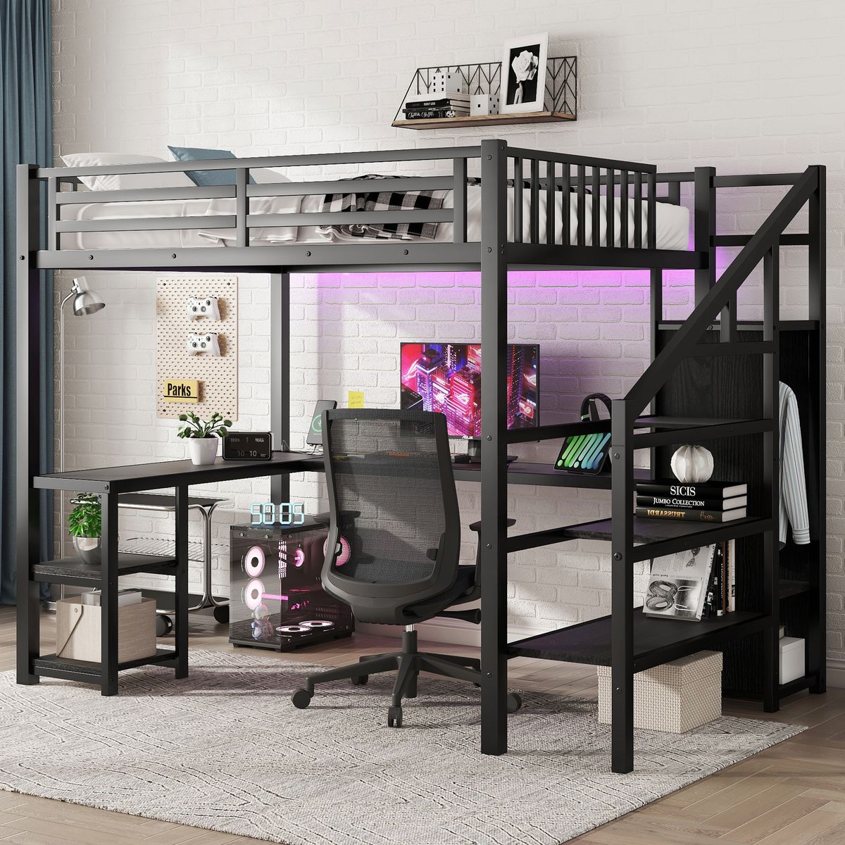 Metal Full Loft Bed with Wardrobe and LED Light, Full Size Loft Bed with L Shaped Desk and USB for Kids Teens Adults, Black(Expect arrived on 2025/2/20)