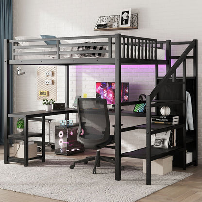 Metal Full Loft Bed with Wardrobe and LED Light, Full Size Loft Bed with L Shaped Desk and USB for Kids Teens Adults, Black(Expect arrived on 2025/2/20)