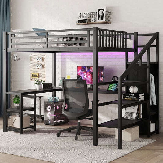 Metal Full Loft Bed with Wardrobe and LED Light, Full Size Loft Bed with L Shaped Desk and USB for Kids Teens Adults, Black(Expect arrived on 2025/2/20)