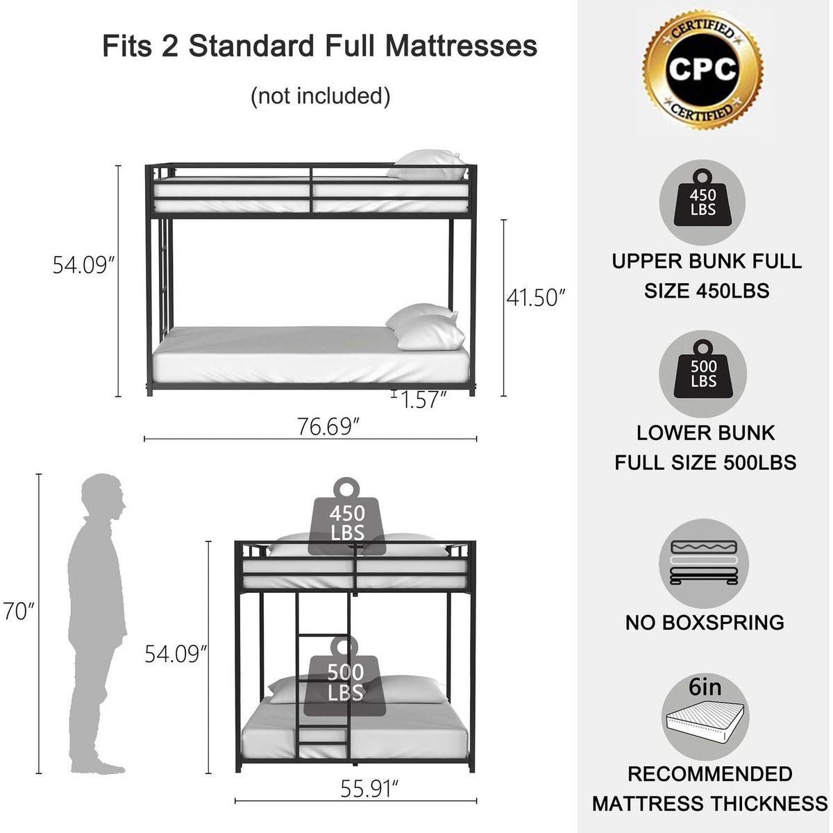 Adam Sturdy Full over Full Metal Bunk Black for Kids and Adult, Low Profile and Easy Climbing with Stable Ladder