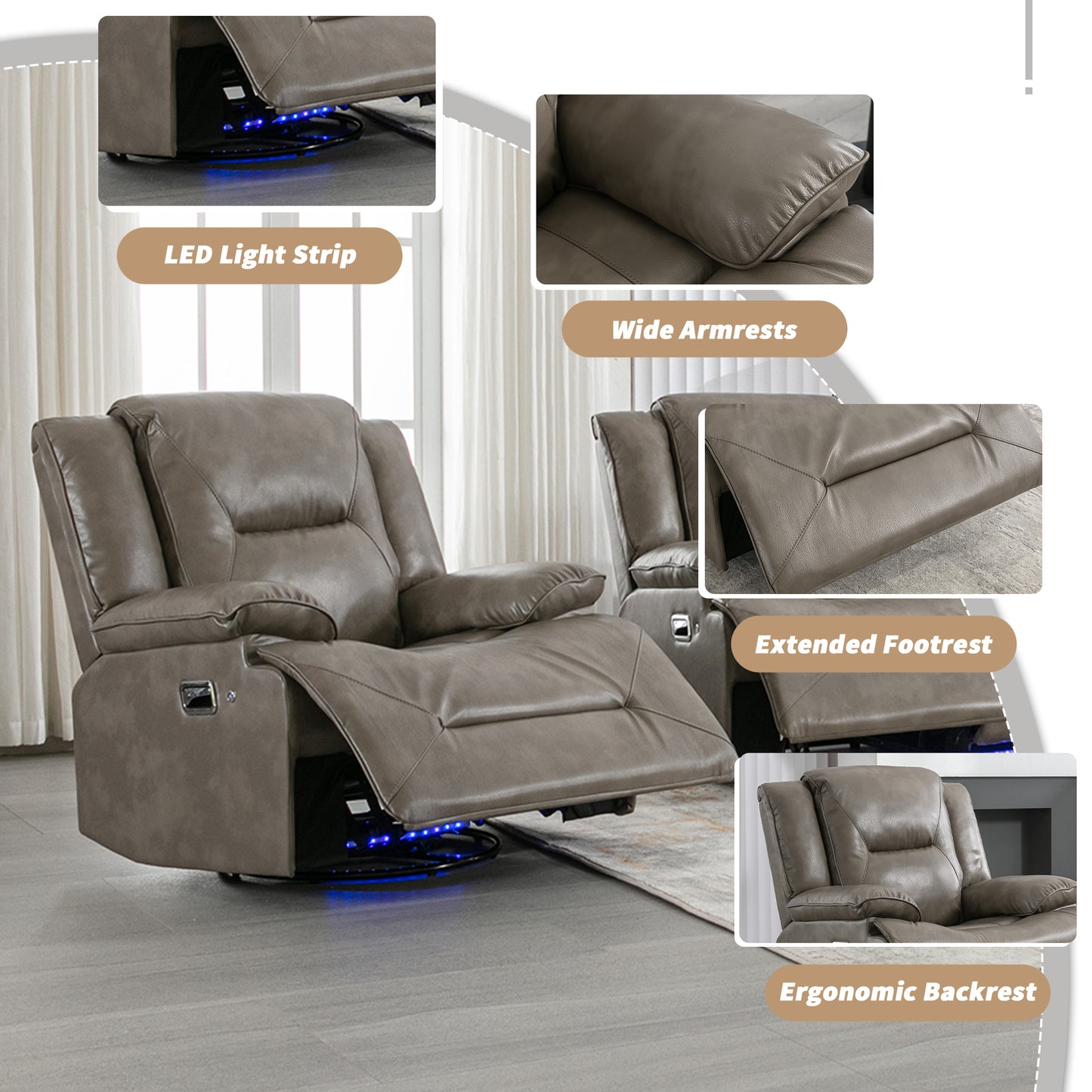 360 Swivel and Rocking Home Theater Recliner Manual Recliner Chair with a LED Light Strip for Living Room,Bedroom, Grey