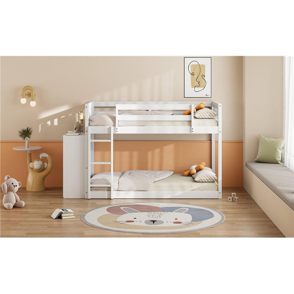 Twin over Twin Bunk Bed with 4 Drawers and 3 Shelves-White