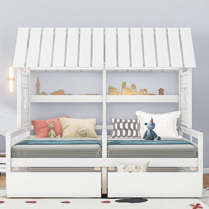Twin Size House Platform Beds with Two Drawers for Boy and Girl Shared Beds, Combination of 2 Side by Side Twin Size Beds,White