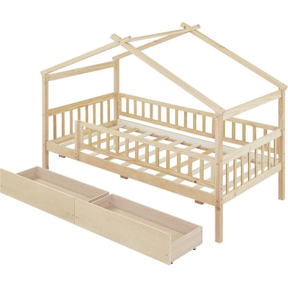 Twin Size Wooden House Bed with Two Drawers, Natural