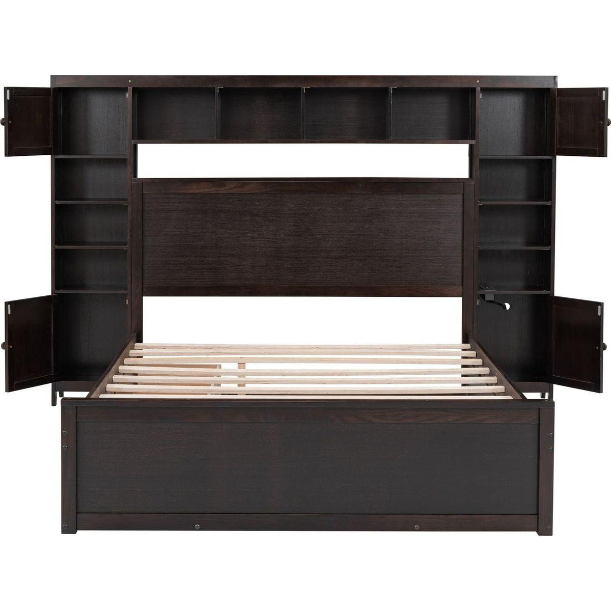 Queen Size Wooden Bed With All-in-One Cabinet, Shelf and Sockets, Espresso