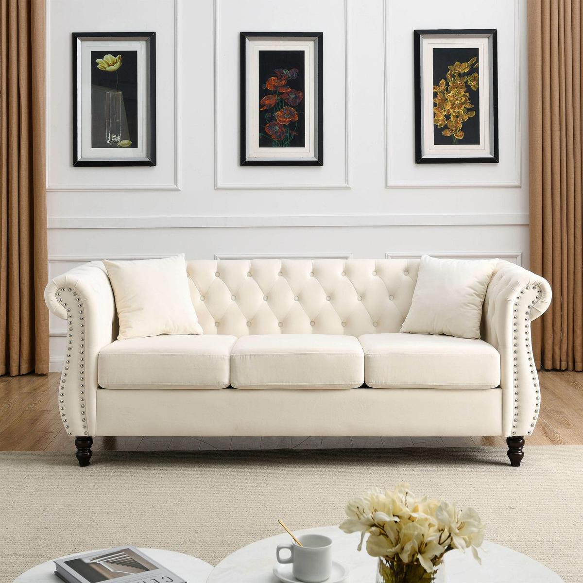 80" Chesterfield Sofa Beige Velvet for Living Room, 3 Seater Sofa Tufted Couch with Rolled Arms and Nailhead for Living Room, Bedroom, Office, Apartment, two pillows