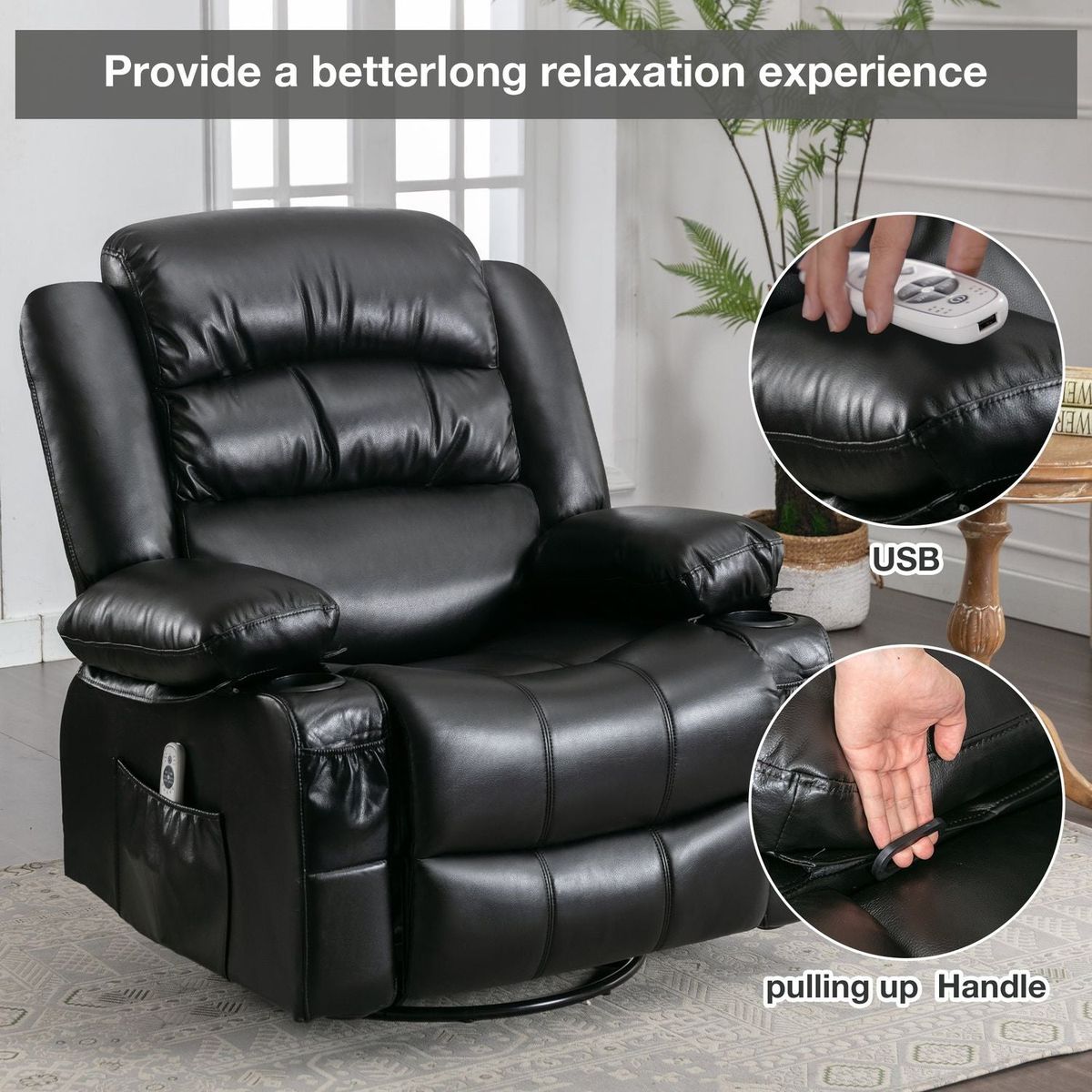 Massage Swivel Rocker Recliner Chair with Vibration Massage and Heat Ergonomic Lounge Chair for Living Room with Rocking Function and Side Pocket 2 Cup Holders USB Charge Port, black.