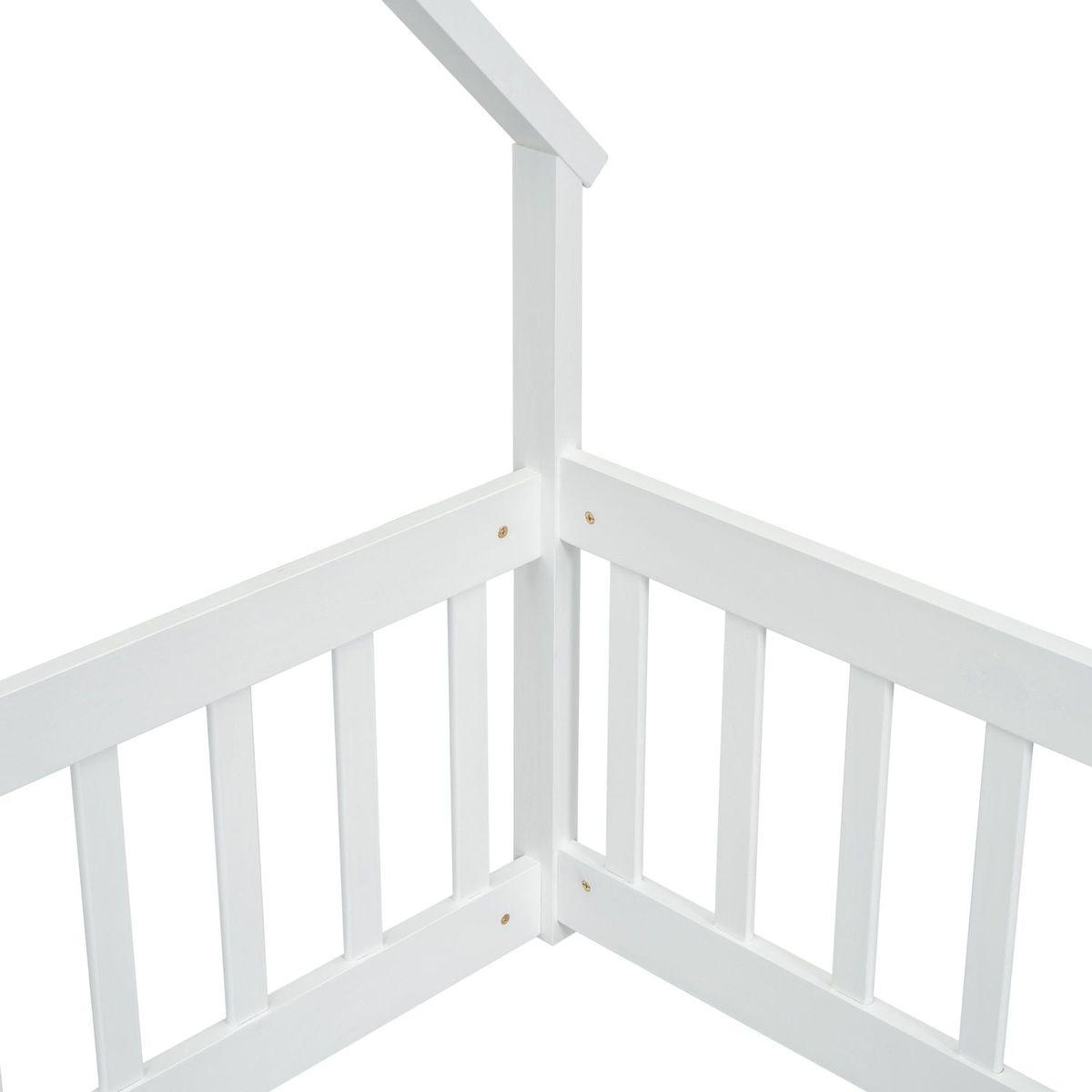 Twin Wood House-Shaped Floor Bed with Fence, Guardrails, White